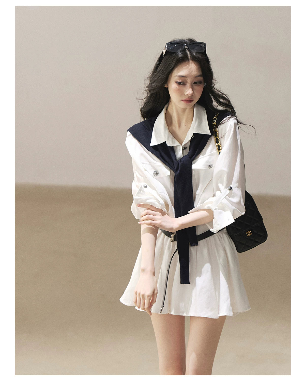 AOMALM - "Moonlight Sinks into the Sea" High-Intellect Utility Shirt Dress (Plain White / Navy Blue, with Belt & Optional Shawl)