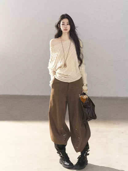 AOMALM - Dutch Cream Off-Shoulder Cable Knit Sweater with Long Cuffs
