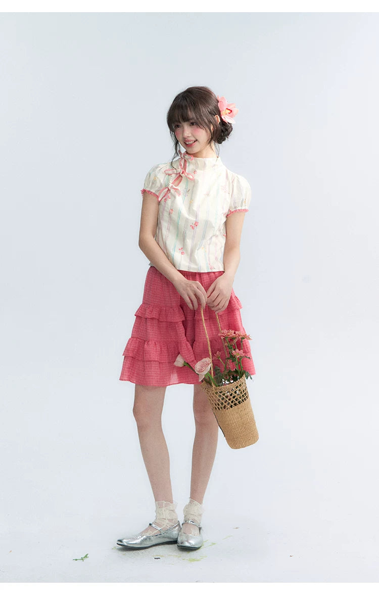 "Peach Blossom" Plum Pink Plaid Tiered A-Line Skirt