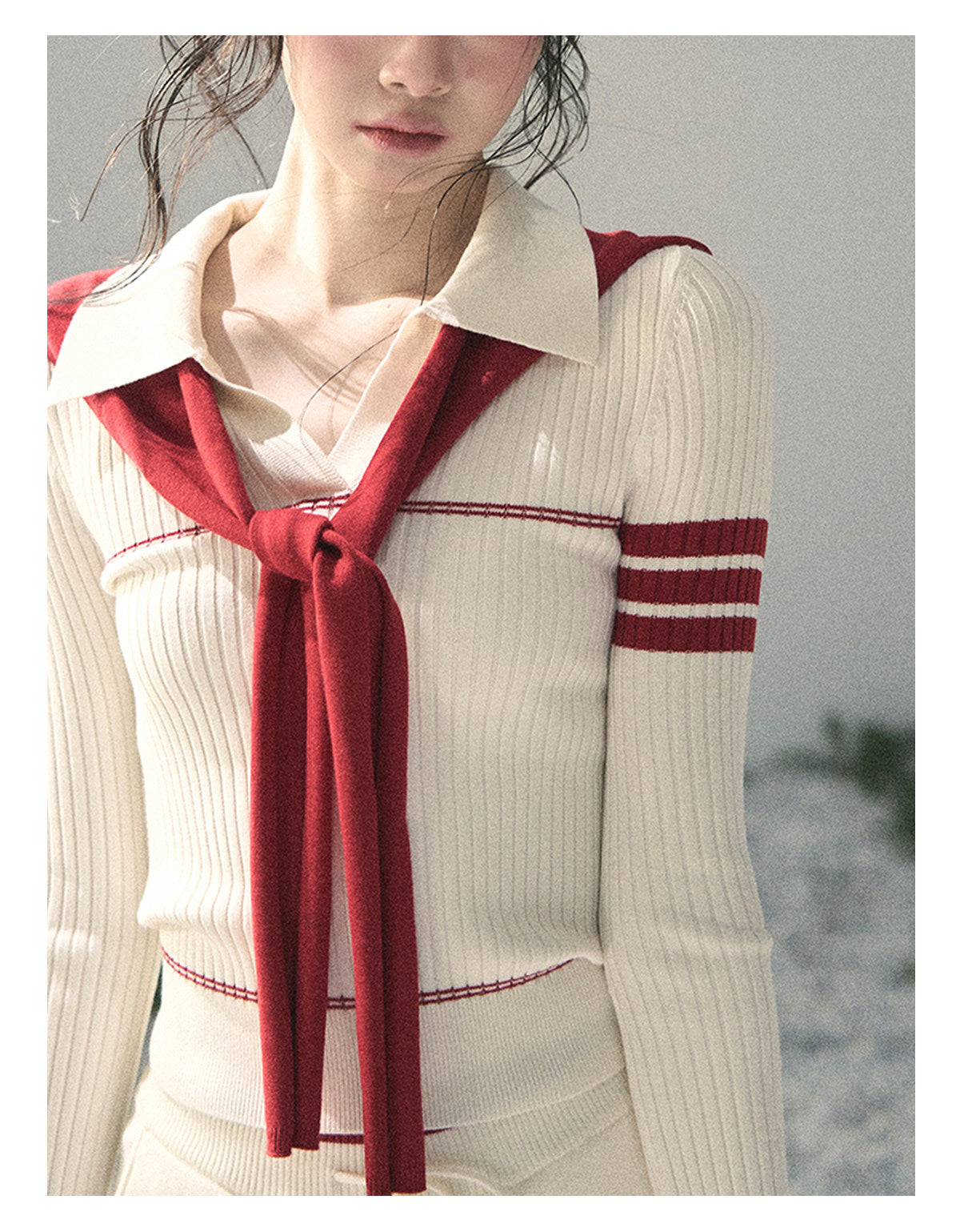 “Delhi Academy” Ivory Polo Knit Set with Angora Red Scarf