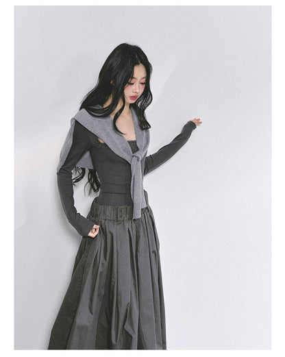 少也眼 "K-Show Muse" Elegant French Hepburn Long-Sleeve Dress - Gray 47867864