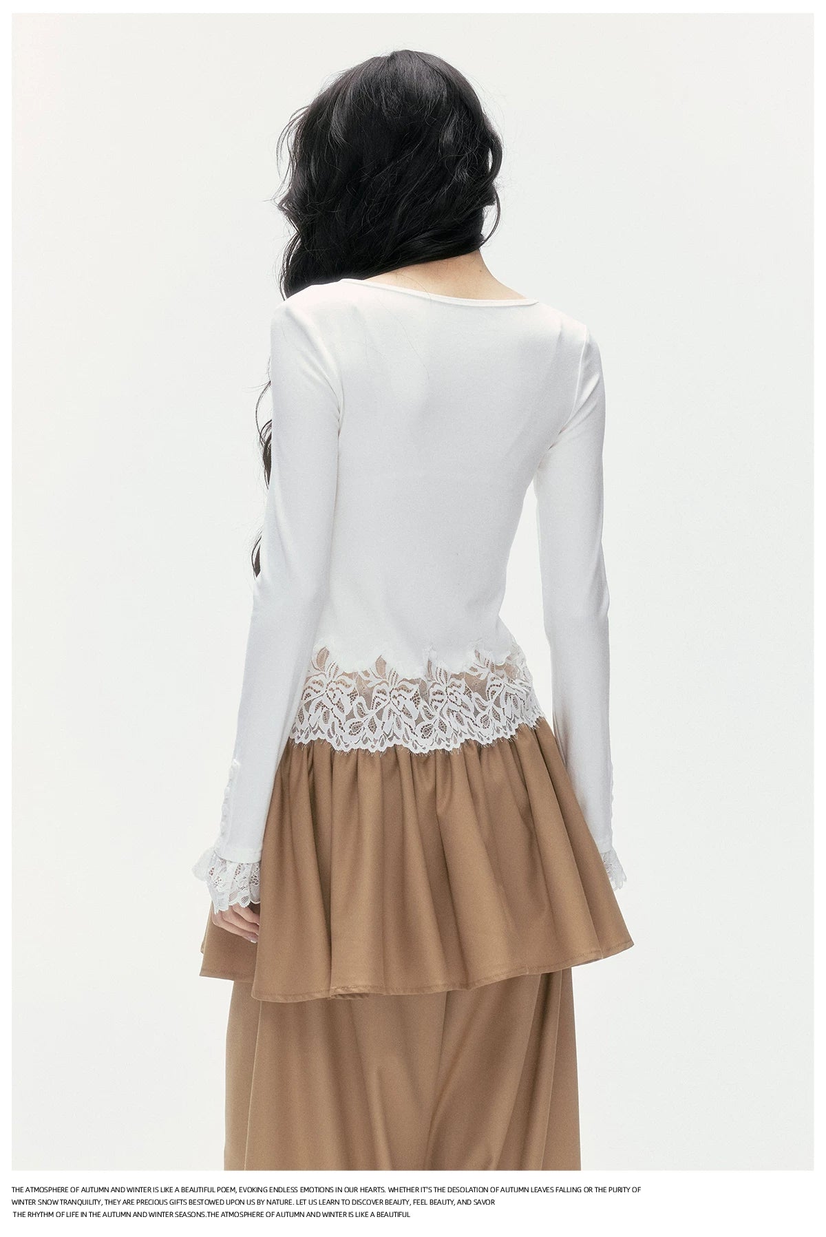 24olvides - Fitted Henley Top with Asymmetric Lace Trim (White / Brown)