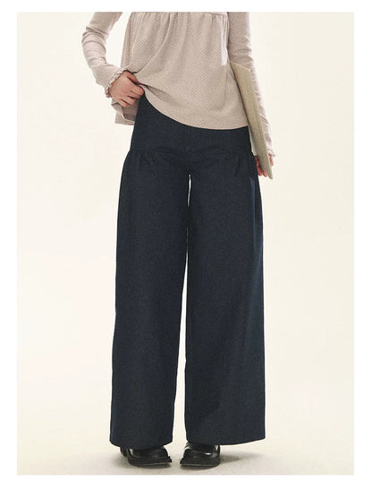 "Lazy Weekend" Deep Blue Ruched Wide Leg Jeans