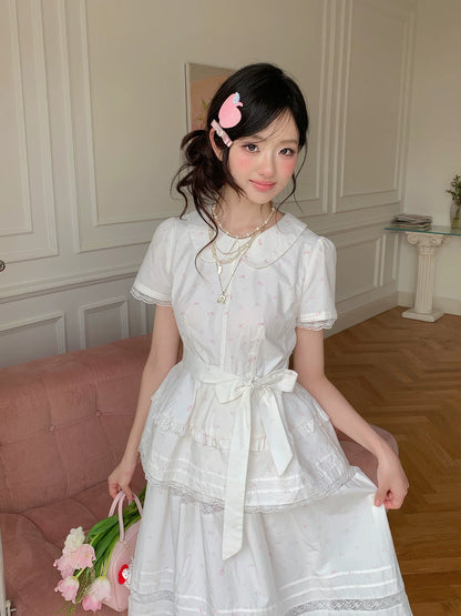 “Midsummer Blossom Letter” White Floral Cake Skirt Set