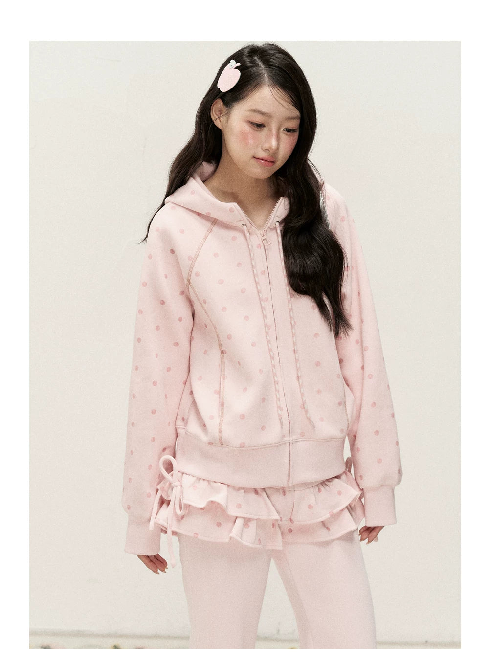 [RF] Polka Dot Hoodie and Pants Set with Zip Closure in Soft Pink