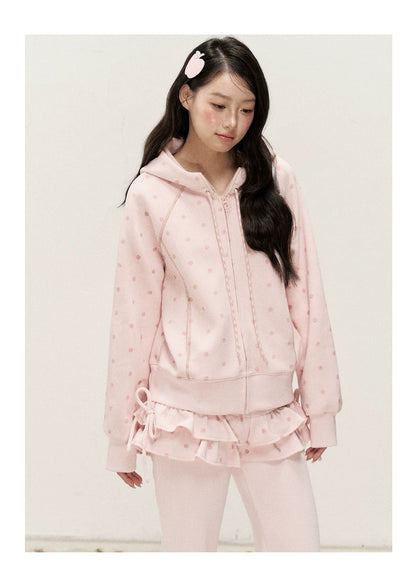 [RF] Polka Dot Hoodie and Pants Set with Zip Closure in Soft Pink