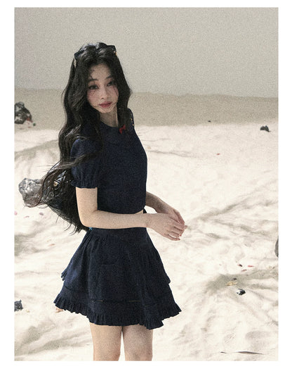 "Seaside Breeze" Navy Blue Denim Pleated Top & Mini Skirt Two-Piece Set