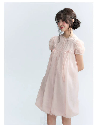 "Little Princess" Strawberry Pink Lace Bow Bubble Hem Midi Dress