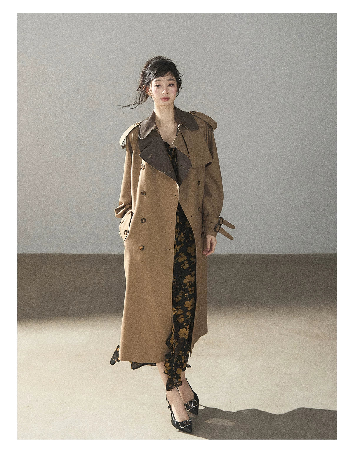 AOMALM - Chestnut Brown Long A-Line Trench Coat with Belt