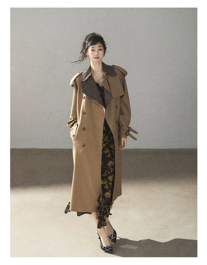 AOMALM - Chestnut Brown Long A-Line Trench Coat with Belt