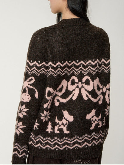 Soote Season - Fair Isle Cinnamon Bow Henley Knit Sweater