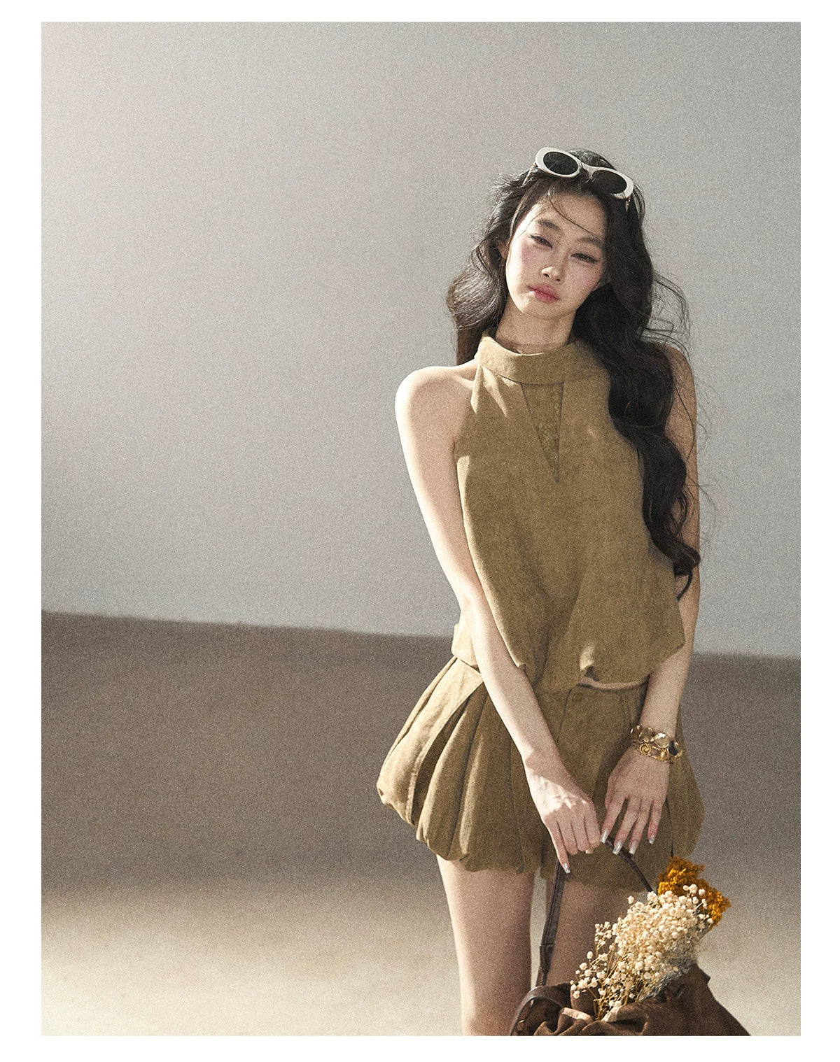 AOMALM - "The Veins of Leaves" Oatmeal French Faux Suede Top & Shorts Set