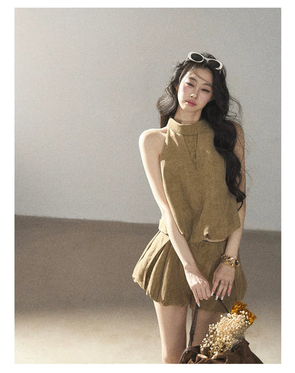 AOMALM - "The Veins of Leaves" Oatmeal French Faux Suede Top & Shorts Set