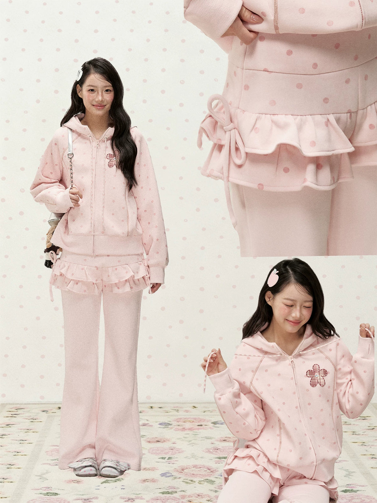 [RF] Polka Dot Hoodie and Pants Set with Zip Closure in Soft Pink
