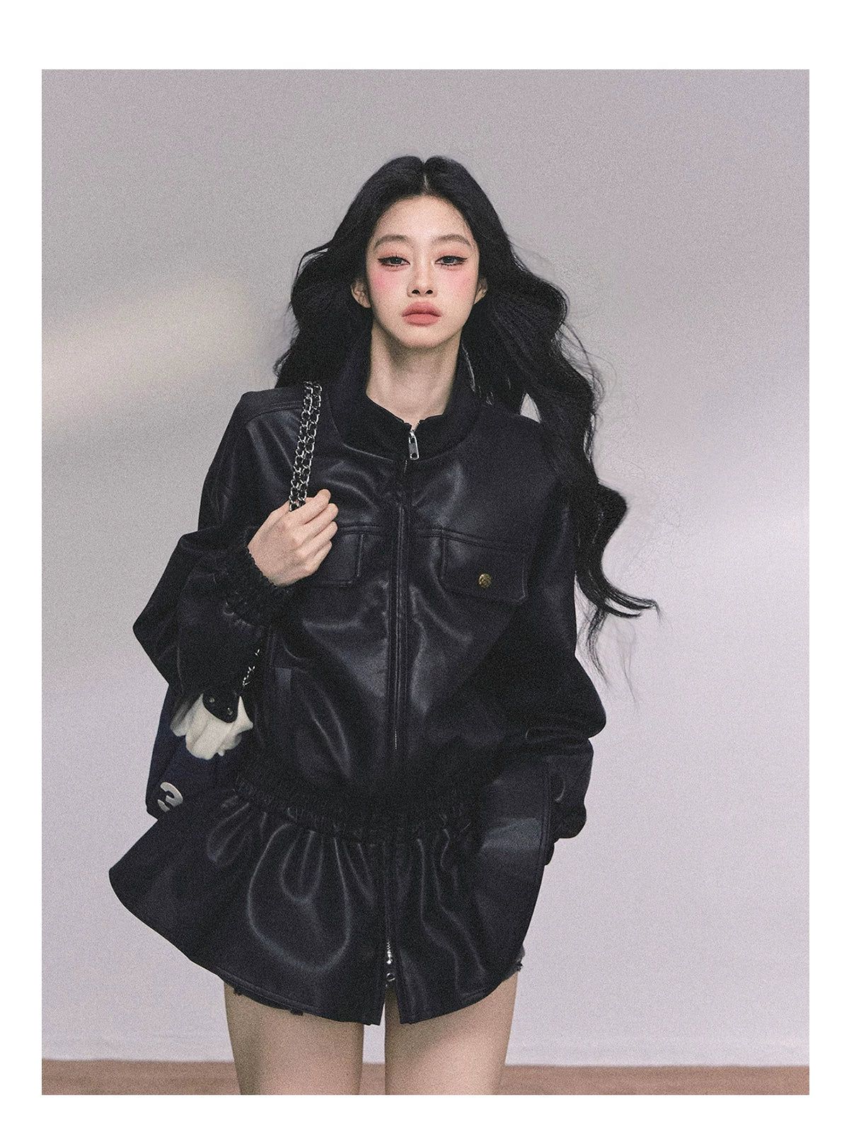 AOMALM - Burgundy PU Suede Jacket & A-Line Shorts Set