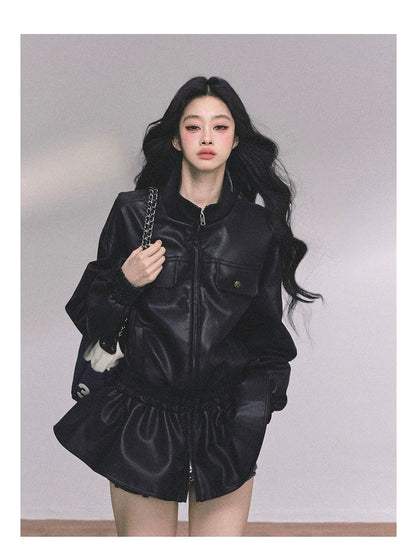 AOMALM - Burgundy PU Suede Jacket & A-Line Shorts Set