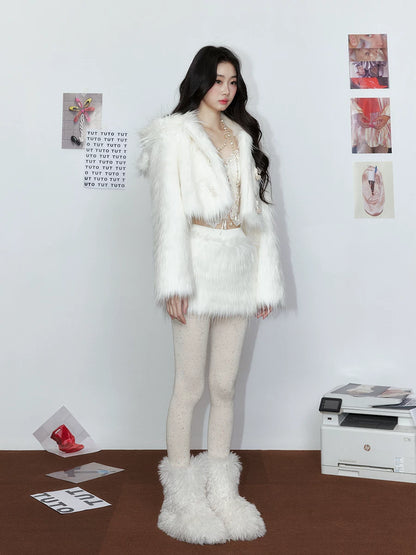 White Cloud Bear Faux Fur Jacket & Skirt Set