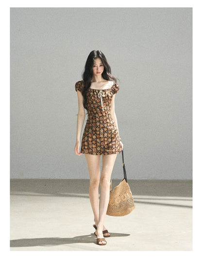 "Wildflowers & Freedom" Mocha Mousse Floral Puff Sleeve Mini Dress