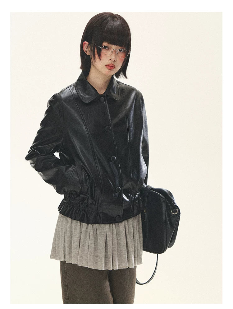 "Venus Gallery" Black Ruffle Collar Cropped Faux Leather Jacket