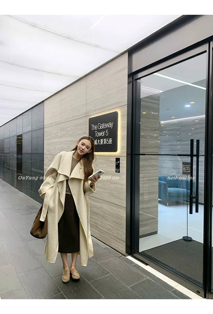 QuQuOuYang - 100% Wool Double-Face Belted Coat with Convertible Collar