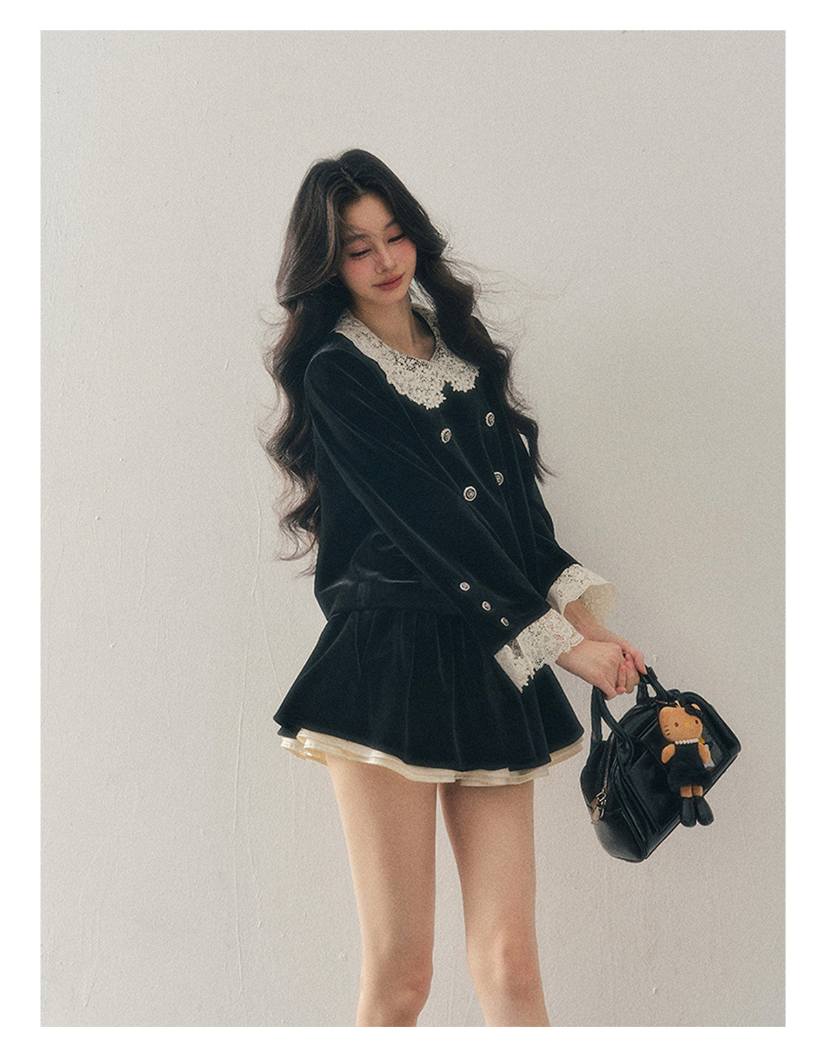 040126 "She Fades into Dusk" Velvet Lace Collar Two-Piece Set