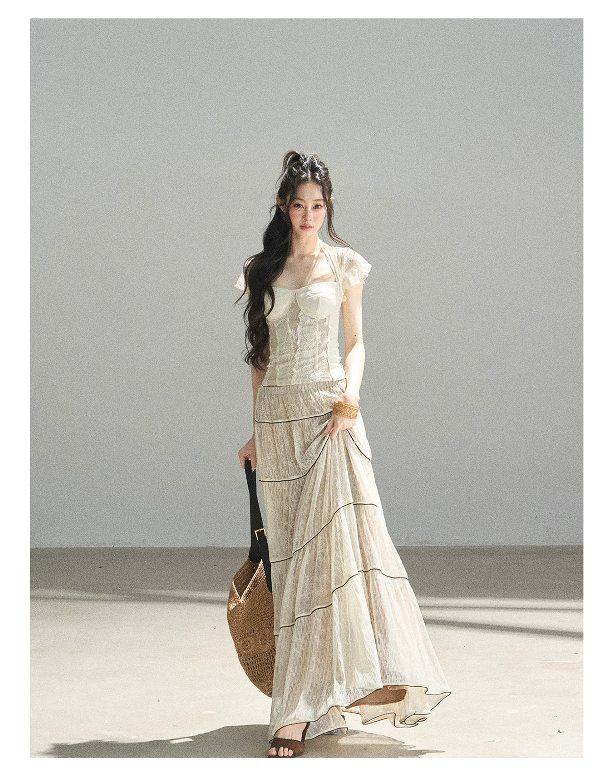 "Mist Through the Woods" Creamy Apricot White Lace Maxi A-Line Skirt