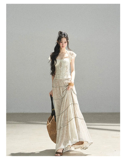 "Mist Through the Woods" Creamy Apricot White Lace Maxi A-Line Skirt