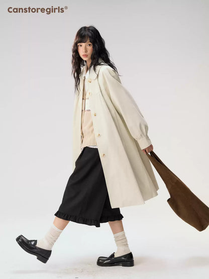[CAN] “Oat Check Collar” Apricot Bow Cape Collar Trench Coat