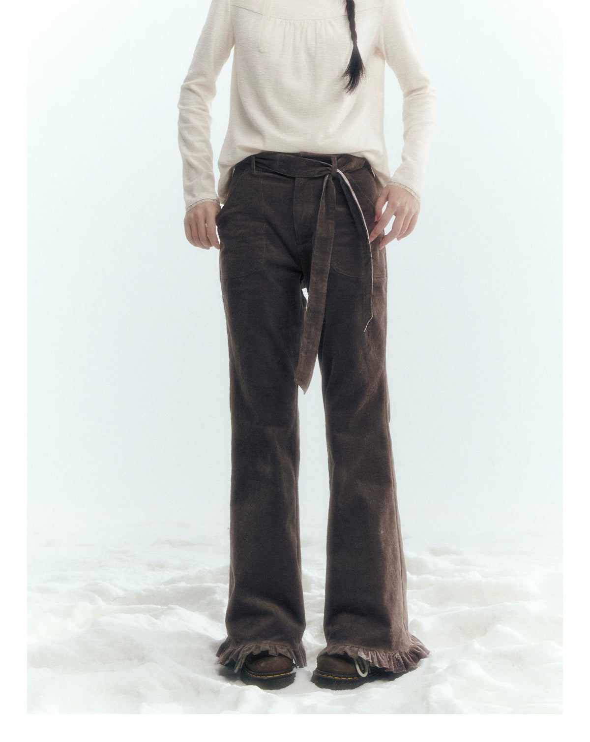 Horridale - Milk Tea Brown Floral Belt Corduroy Flare Pants
