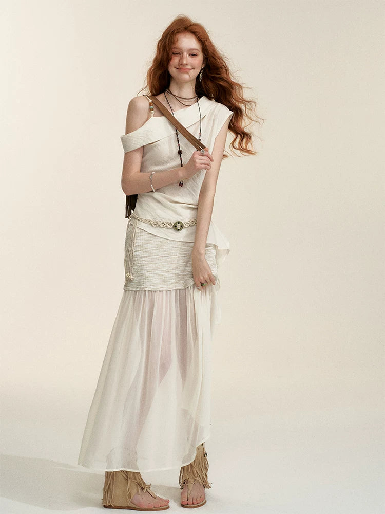 Apricot Sheer-Panel Midi Skirt
