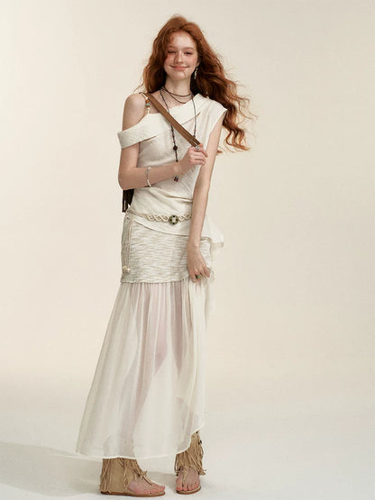 Apricot Sheer-Panel Midi Skirt