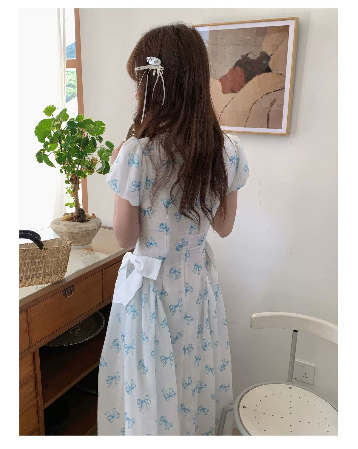 [RF] “Blue Butterfly Letter” Light Blue Floral Bow Midi Dress