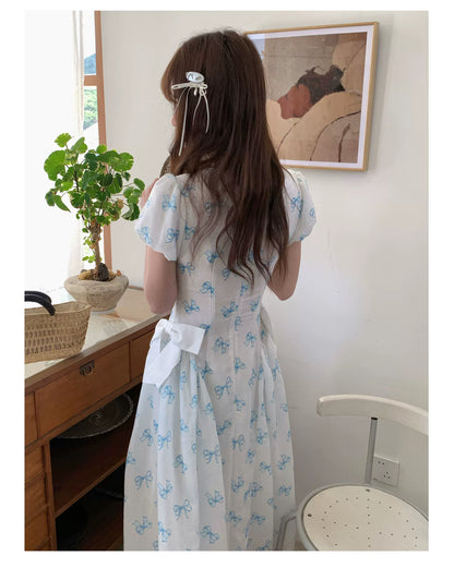 [RF] “Blue Butterfly Letter” Light Blue Floral Bow Midi Dress
