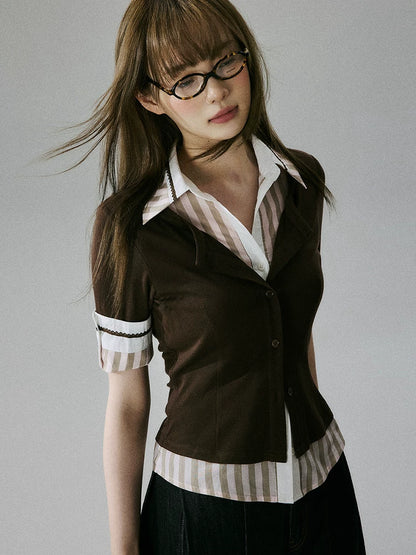 LOST FOREST - Brown & Pink Faux-Layered Lyocell Wool Top
