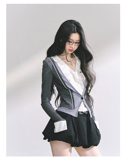 少也眼 "London Senior Muse" Layered Polo Long Sleeve Tee - Gray-White 924863