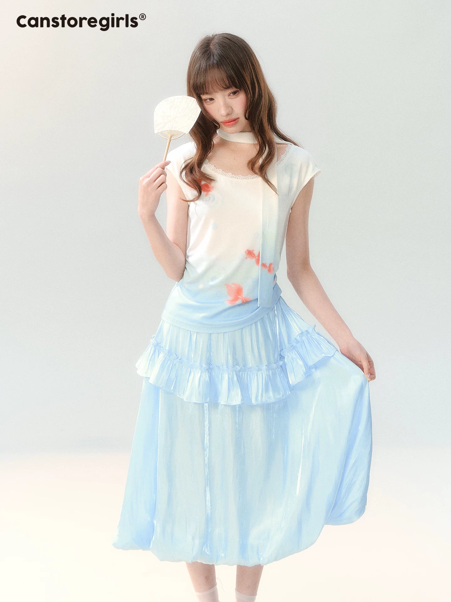 "Koi Garden Letter" White & Blue Goldfish Print Two-Piece Skirt Set LL2026220