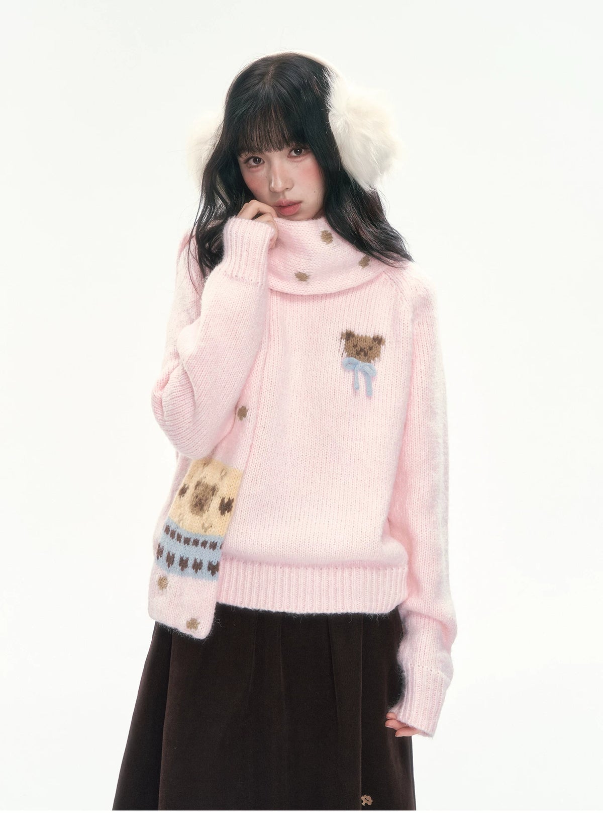 CAN - "The Little Bear Affair" Light Pink Teddy Bear Bow Jacquard Sweater