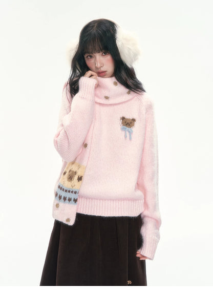 CAN - "The Little Bear Affair" Light Pink Teddy Bear Bow Jacquard Sweater
