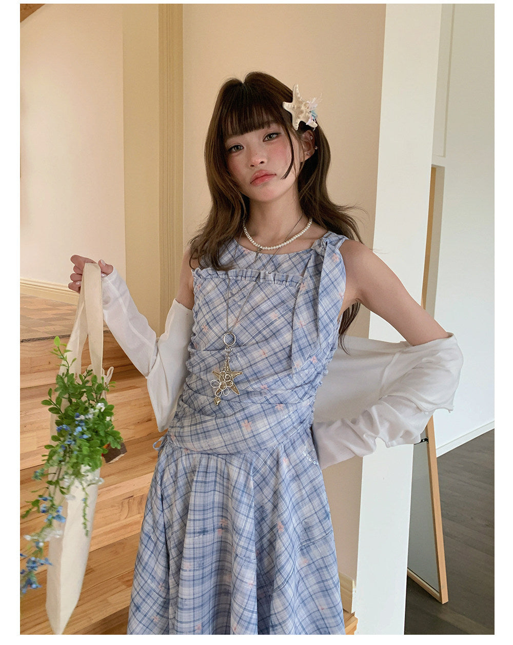 “Blue Meadow Reverie” Blue Plaid Floral Maxi Dress