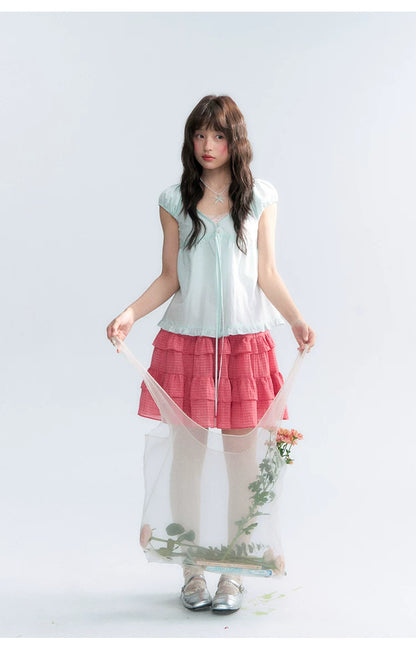 "Mint Morning Glow" Mint Green Lace Tie-Front Cardigan Blouse
