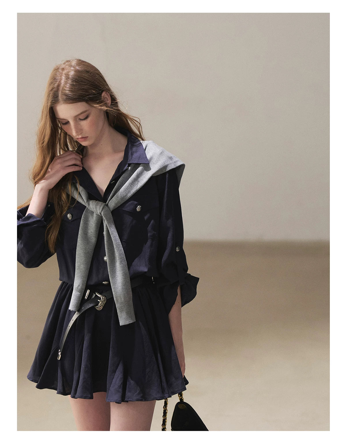AOMALM - "Moonlight Sinks into the Sea" High-Intellect Utility Shirt Dress (Plain White / Navy Blue, with Belt & Optional Shawl)