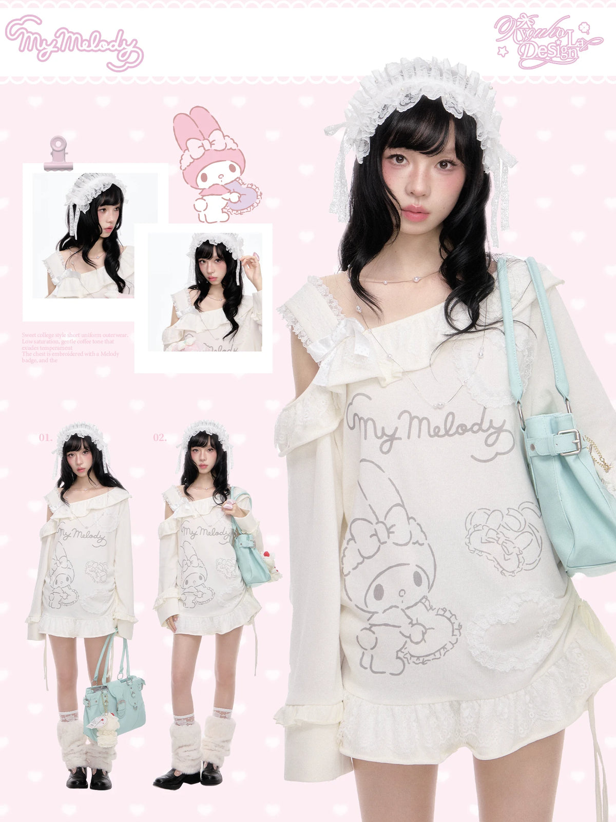“Sweet Bloom” Ivory My Melody Asymmetric Oversized Top