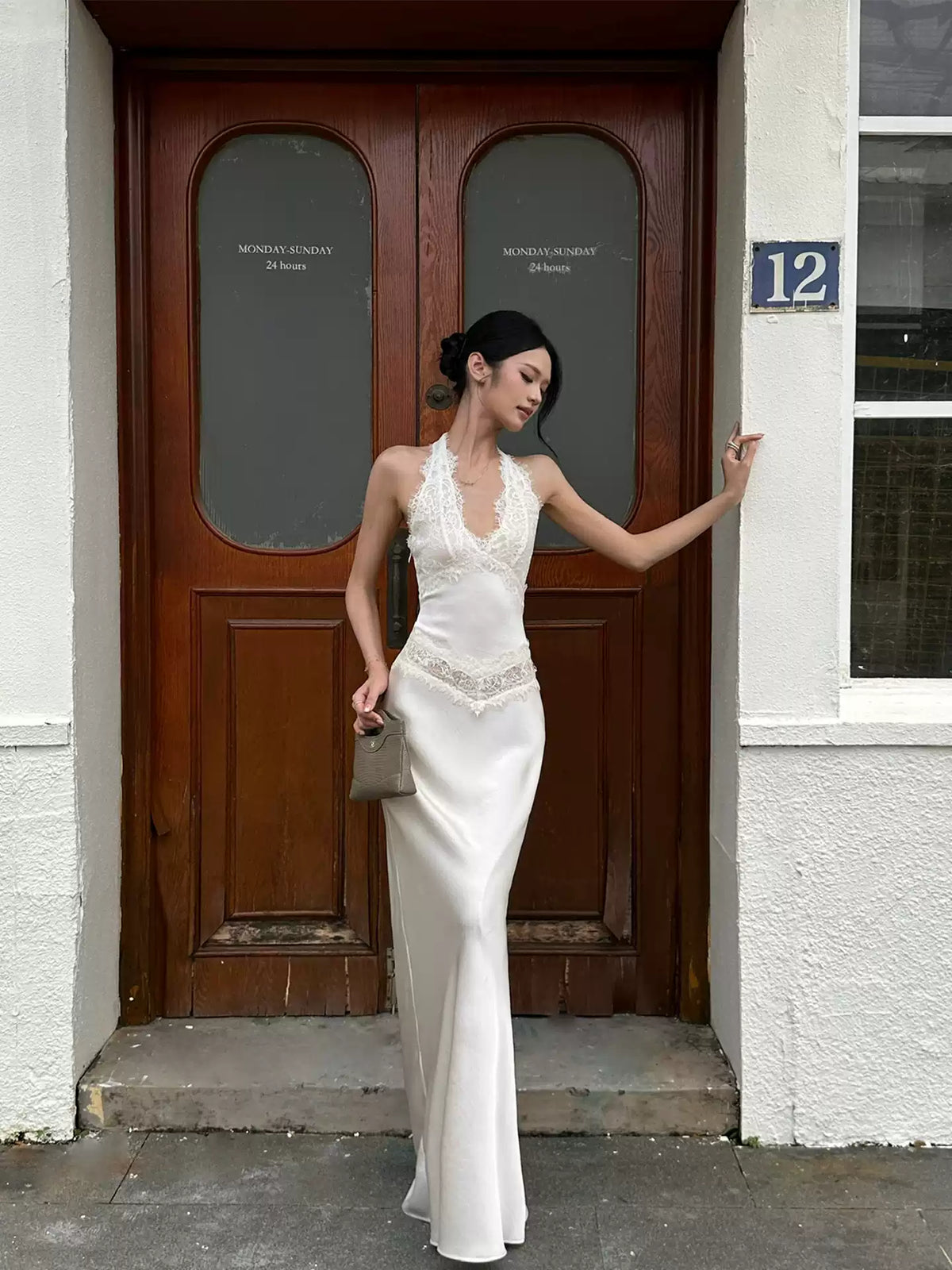 VENUIE - Champagne Satin Lace-Trim Halter Mermaid Maxi Dress
