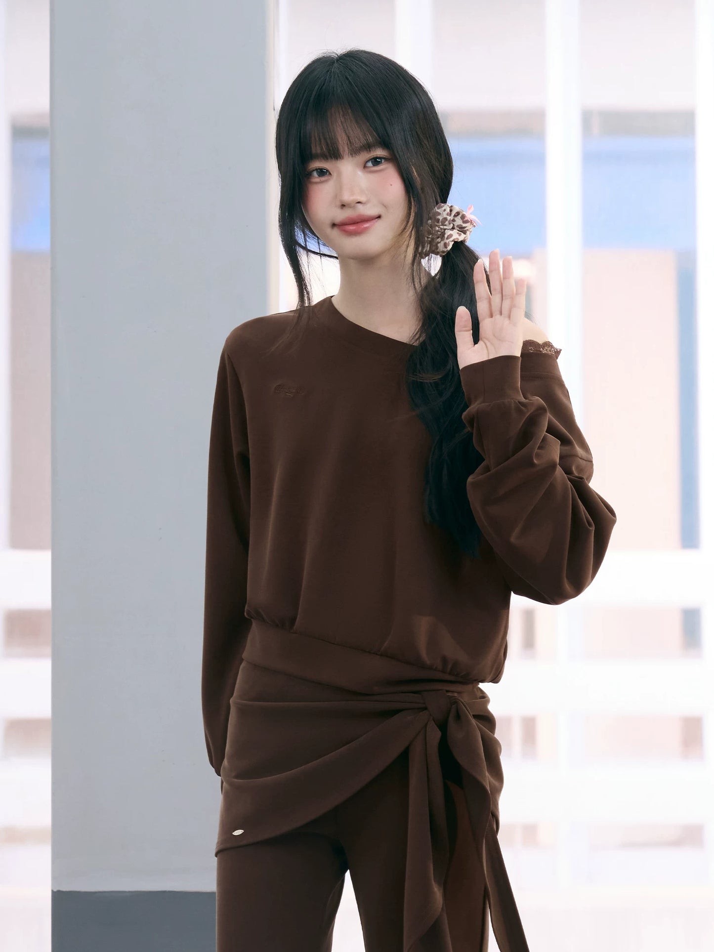 "Mocha Muse" Brown Lace Panel One-Shoulder Sweatshirt