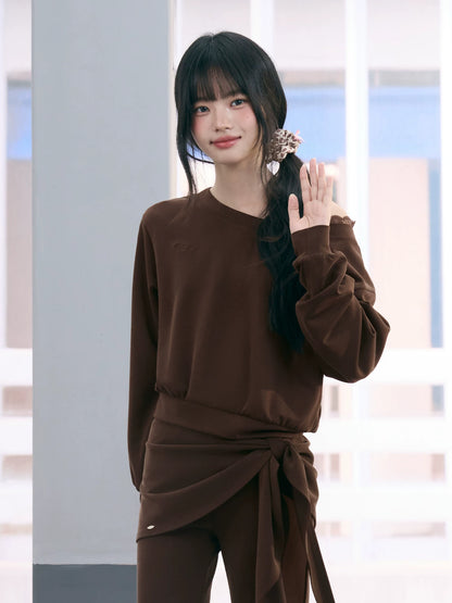 "Mocha Muse" Brown Lace Panel One-Shoulder Sweatshirt