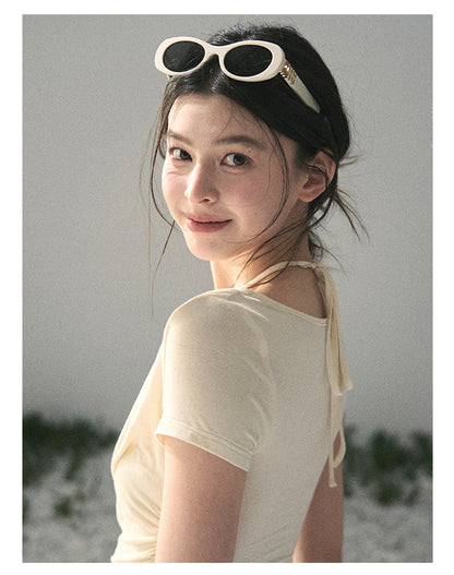 “Soft Veil Muse” Cream Apricot Layered Halter Lace Top