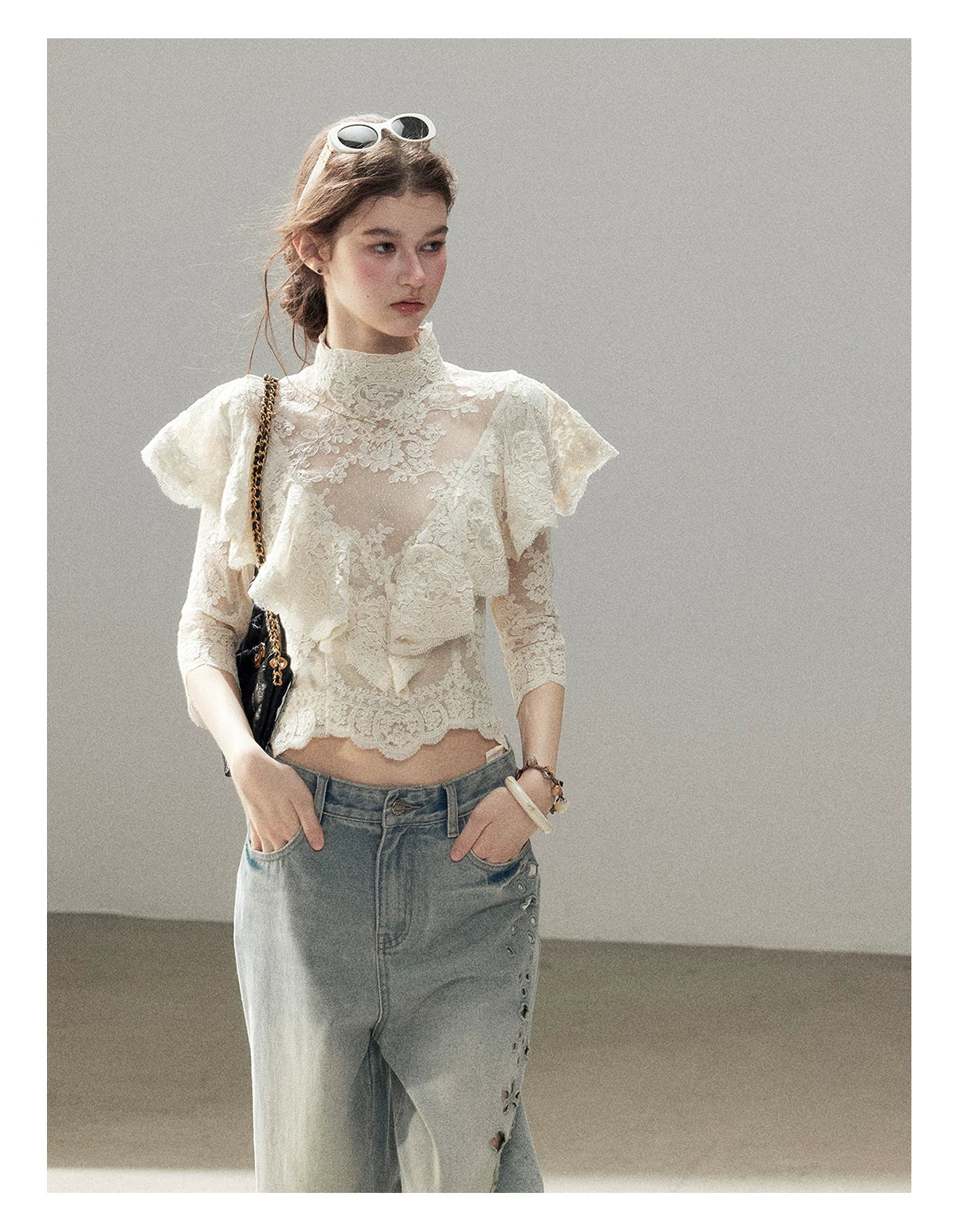 "Translucent Bloom" Dutch Cheese Lace Cropped Top