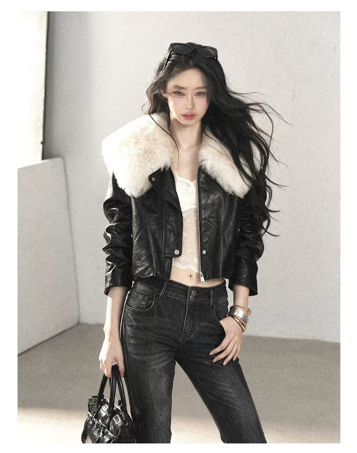 AOMALM - Black Lambskin Leather Goose Down Jacket