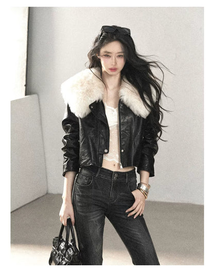 AOMALM - Black Lambskin Leather Goose Down Jacket