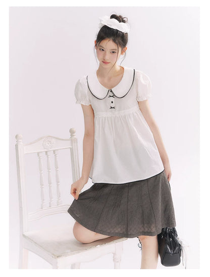 “Misty Texture” Gray Plaid Trim Embroidered A-Line Skirt